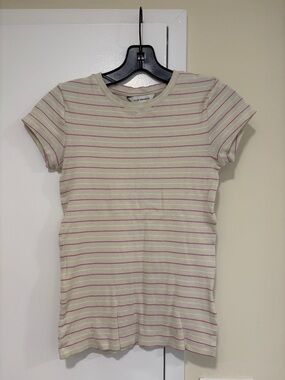 Club Monaco Cream Tee with Pink Stripe Detail